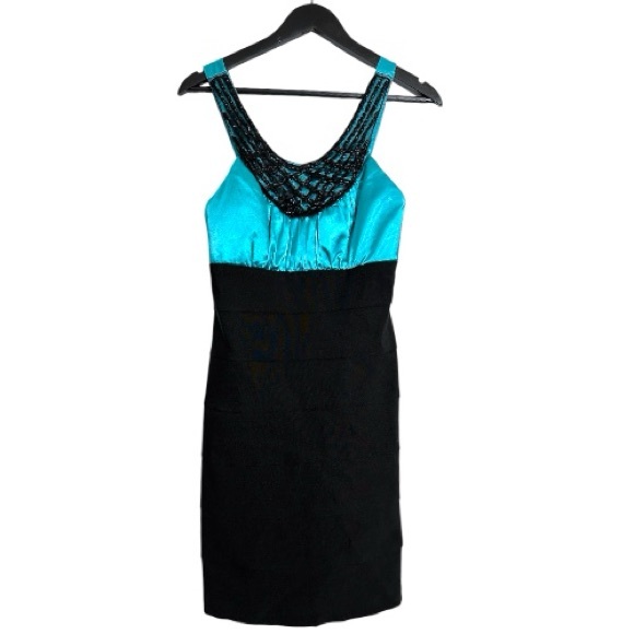 Trixxi Dresses & Skirts - Trixxi Black & Teal Beaded Cocktail Party Halter Neck Dress Y2K Size 9 Juniors
